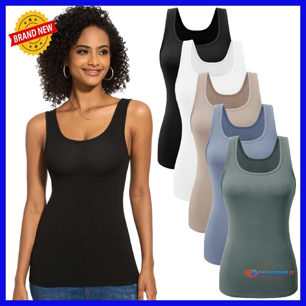 5 Pack Ribbed Tank Tops Women's Basic Layering Sleeveless Scoop Neck